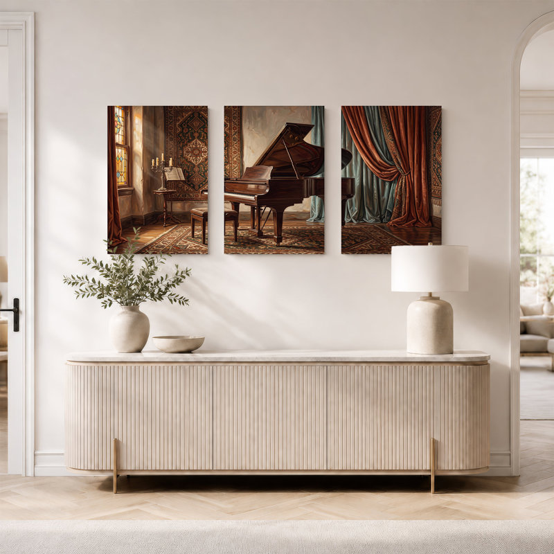 Grand piano dans une pièce antique avec vitrail, ensemble de 3 toiles, H 36 po x l 24 po x 3 pièces