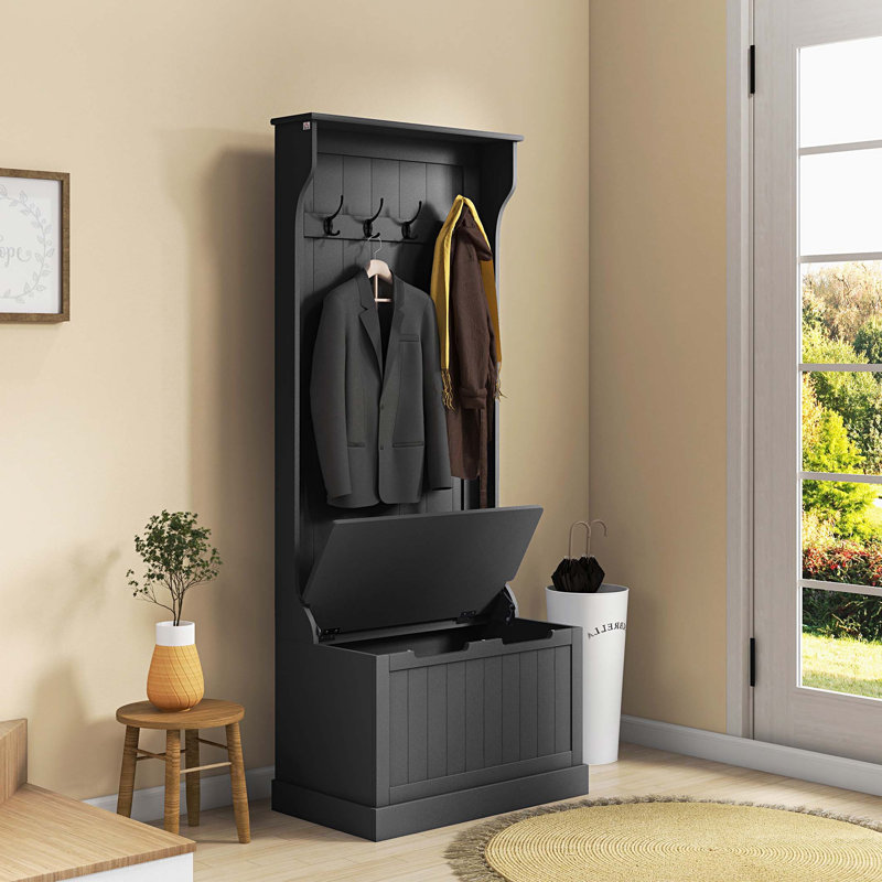 3-In-1 Entryway Hall Tree with Storage Bench, Coat Rack with Four Hooks and Shoe Storage