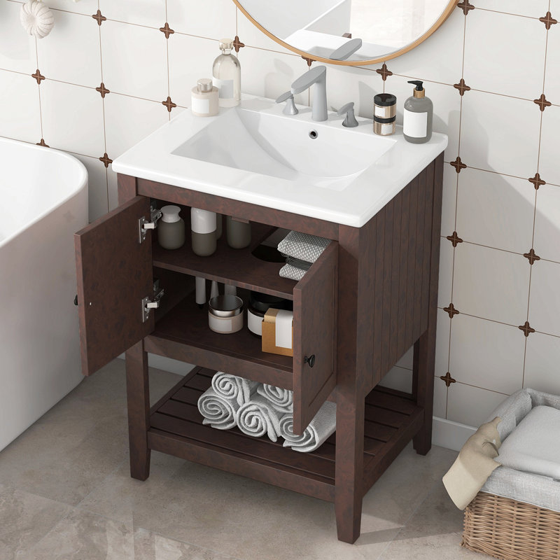 Lavabo de salle de bain moderne élégant en céramique 24 po avec tablette ouverte en bois massif, Noir, Brun