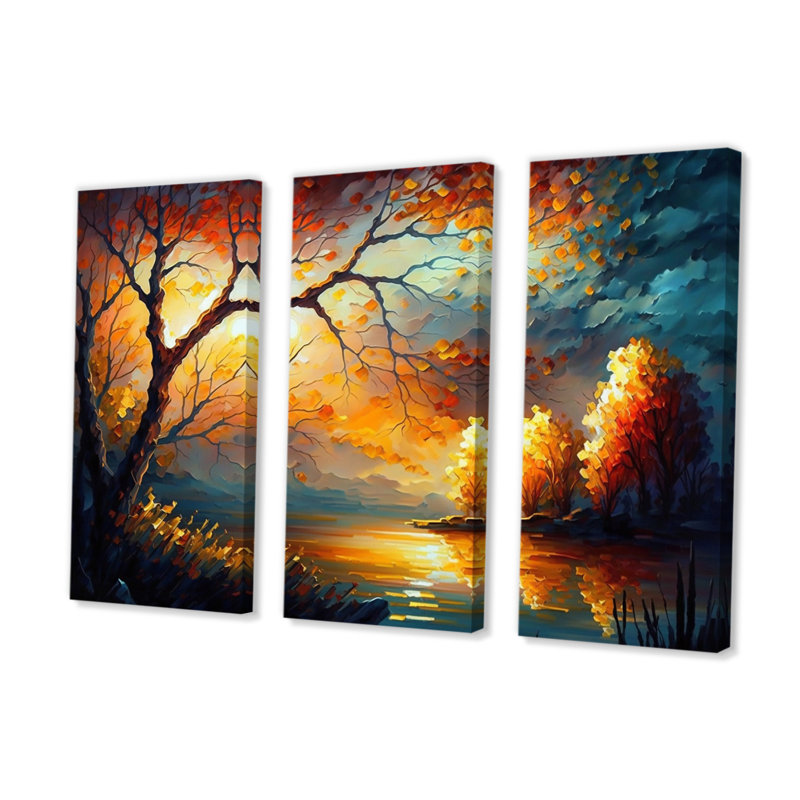 «Forest Scenery By A Lake», reproduction sur toile 3 pièces, H 28 po x l 36 po x P 1 po, Toile tendue