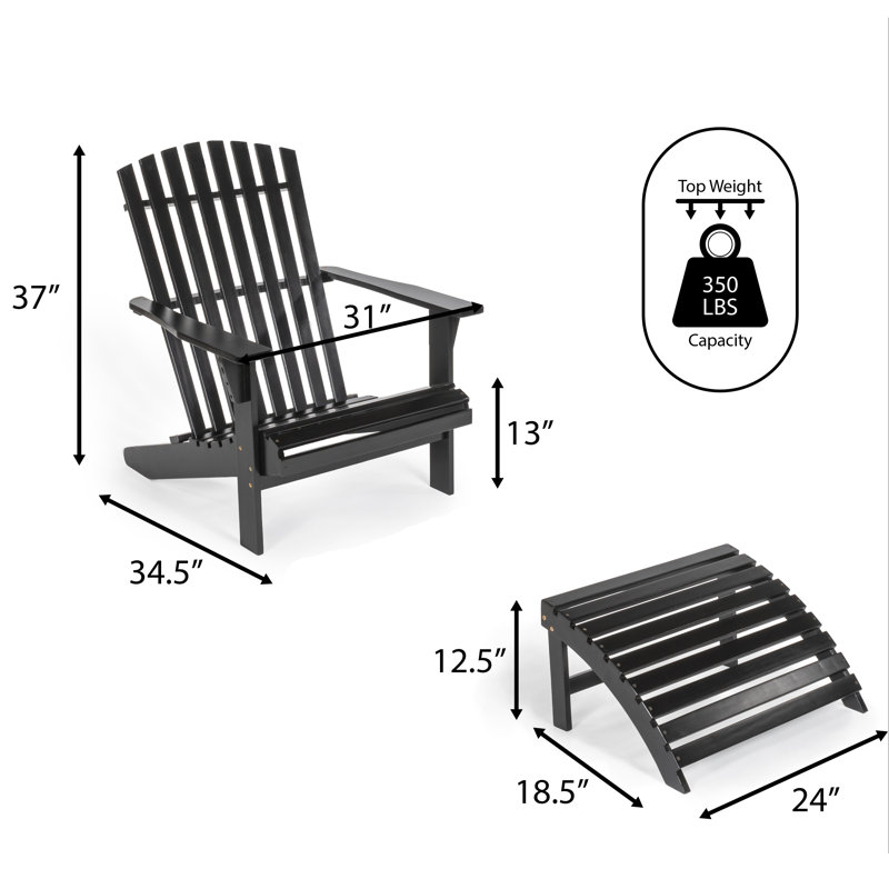 Saranac Classic Solid Acacia Wood Adirondack Chair with Matching Ottoman, Black Finish Outdoor Patio Lounge Seating for Garden and Fire Pit