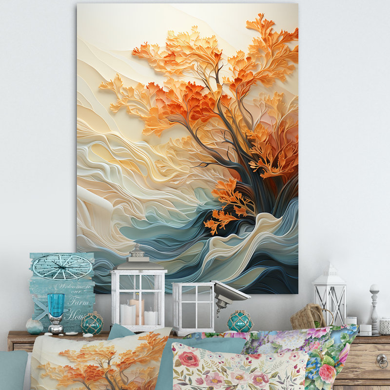«Orange Bold Waterfall Sunrise II», art mural abstrait, H 32 po x l 16 po x P 1 po, Toile tendue