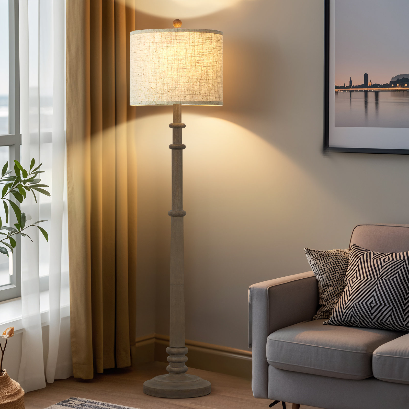 Ophelia & Co. 60" Vintage Farmhouse Floor Lamp 3-Way Dimmable Standing Lamps With Linen Shade | Wayfair