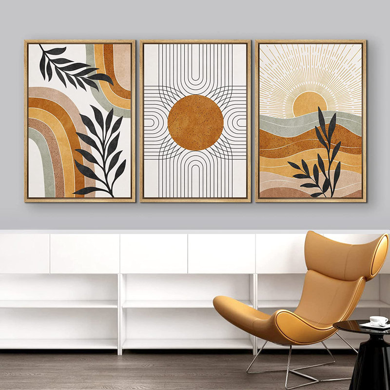 Mid-Century Geometric Sun Desert Plants - 3 Piece Floater Frame Graphic Art Set on Canvas, 48" W x 24" H, Natural