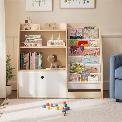 Natural Wood 3 - Tier Kids Bookcase with Fabric Slings for Bedroom or Playroom