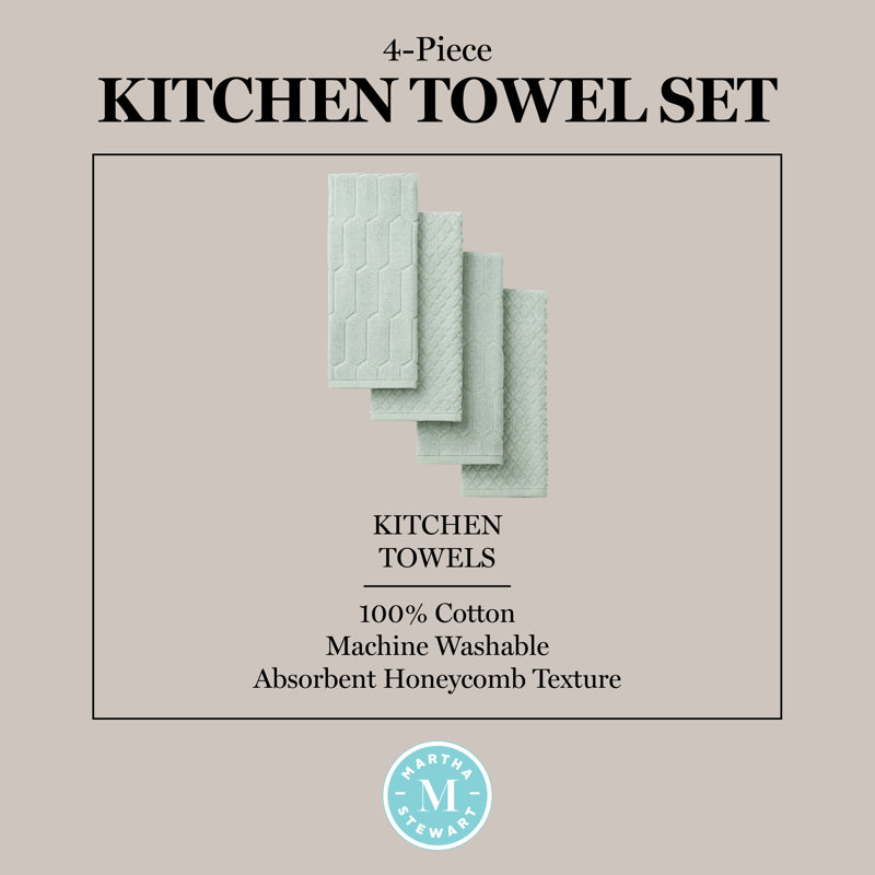 MARTHA STEWART Honeycomb Chambray Textured Kitchen Towel 4-Pack Set Natural 16"x28", Mint Green