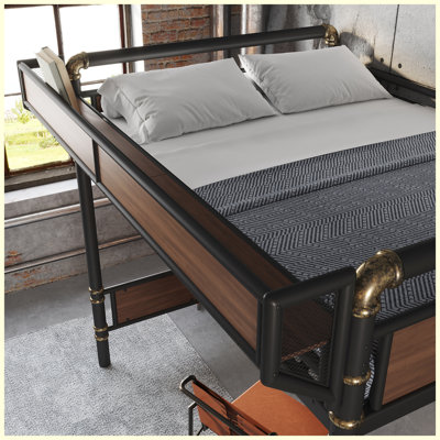 Queen Size Industrial Metal Loft Bed with Built-in Desk, Power Outlet, LED Strip, Pegboard, Storage Baskets and Stairs with Wardrobe, Black Loft Bed Frame