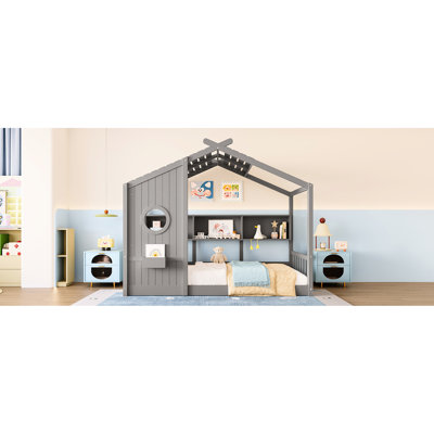 Lit de maison gris avec tablette de rangement et toit simple pour une bonne qualité de sommeil