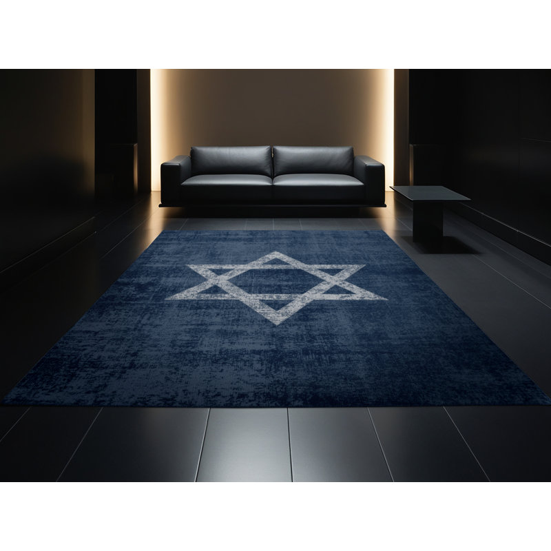 Tapis abstrait moderne et contemporain lavable à la machine en Hanoukka bleu et bleu marine, 7 x 9
