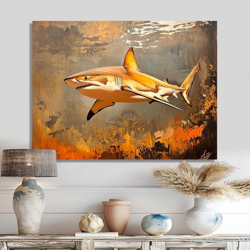 Swimming Beige Shark Resilience I - Animals Metal Wall Art, Shark Metal Print, 24" H x 32" W