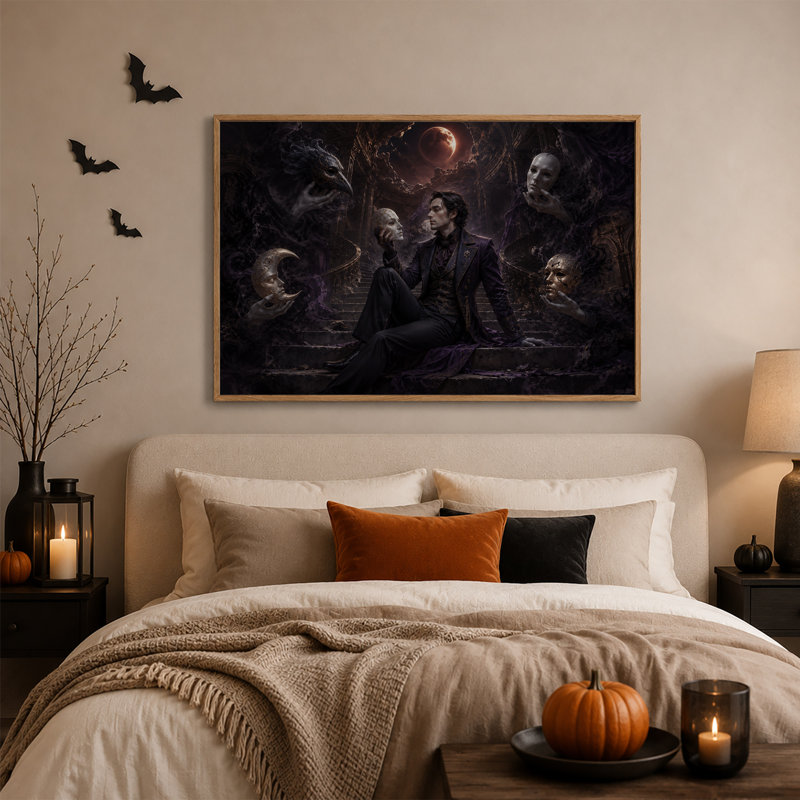 Homme tenant un masque parmi des masques flottants et une toile rouge d'Halloween, 24"H x36"W