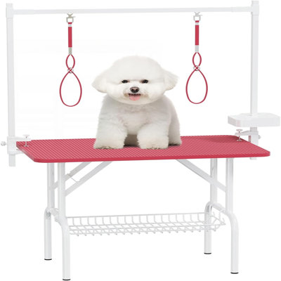 36 Inch Foldable Pet Grooming Table with Adjustable Arm, Nooses, and Mesh Tray for Home Use