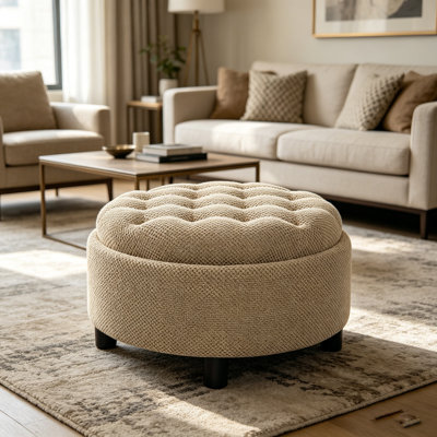 Repose-pieds de rangement de 25 pouces, repose-pieds rond, repose-pieds de table basse, table d'appoint en bois, pouf rembourré en tissu, petit meuble de rangement, rangement caché, décor de maison de campagne moderne, salon, chambre à coucher
