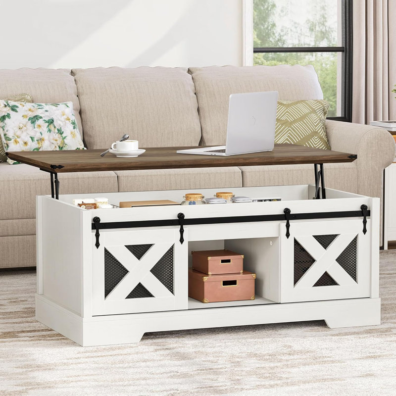 Table basse de style campagnard, table basse à plateau relevable avec rangement et porte de grange à rainures coulissantes, table centrale rustique pour le salon