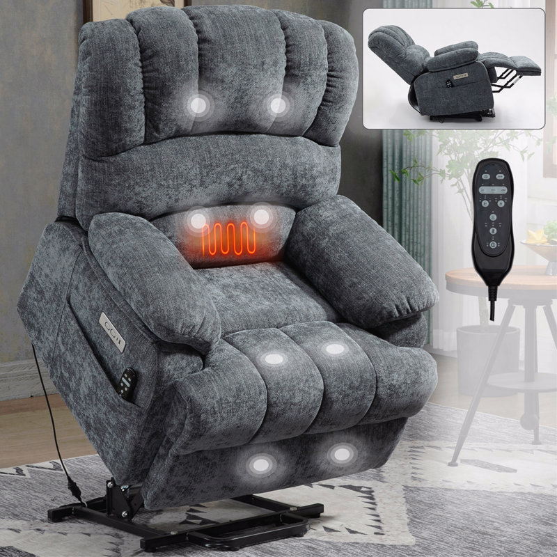 Fauteuil inclinable électrique en chenille bleu gris - siège 23 po, massage 8 points, chauffage lombaire, haut dossier, Gris