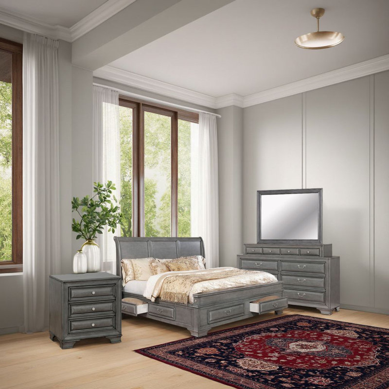 Ensemble de chambre à coucher grand lit quatre pièces Lio, incrustation de bois gris, poignées en métal nickelé