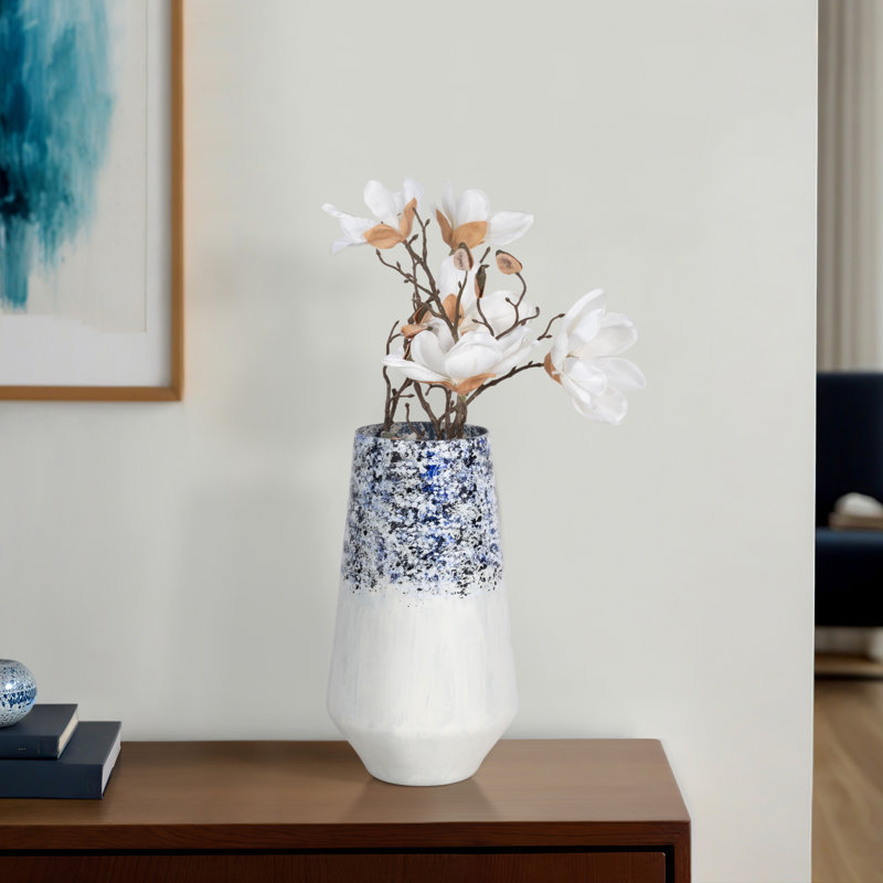 16" Tapered Bottom Vase Arctic Finish, White/Blue, 18" H x 7" W x 7" D
