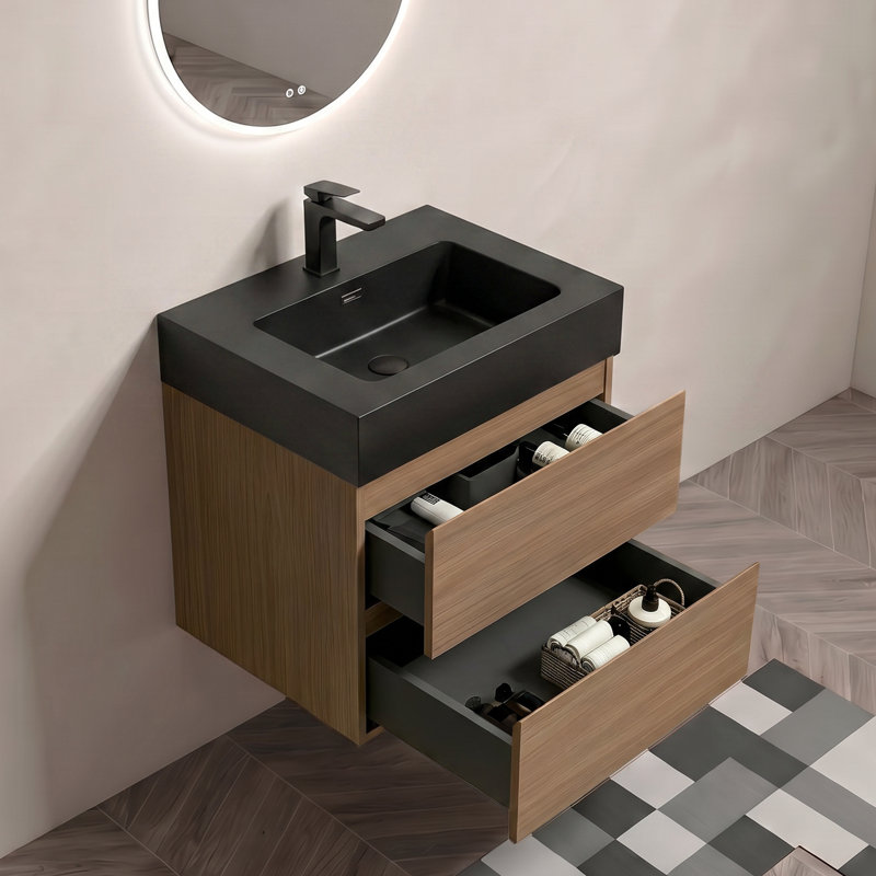 Meuble-lavabo mural moderne avec lavabo intégré et tiroirs de rangement doubles Wren, 24", Noir