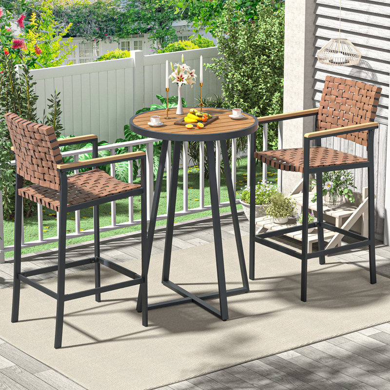 3 Piece Bar Height Patio Table and Chairs Set, High Top Bistro Set with Fauxwood Armrest
