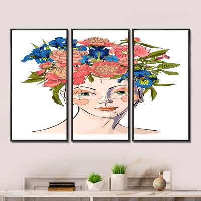 Portrait d'une femme avec une guirlande de fleurs rouges I - reproduction de cadre flottant sur toile 3 pièces