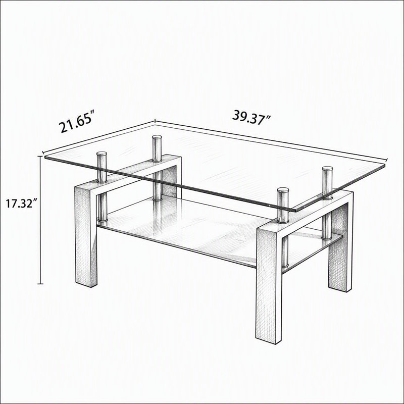 Table basse en verre trempé transparent, H 17,72 po x l 39,37 po x P 21,65 po, Transparent / Blanc