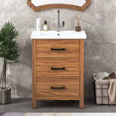 Meuble-lavabo autoportant 24 po avec lavabo en céramique 24 po, meuble-lavabo moderne avec 3 tiroirs