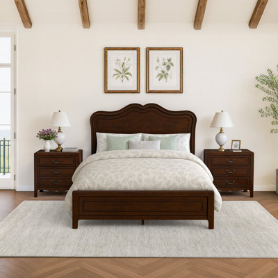 Mid-Century Modern Solid Wood Platform Bed with Heightened Camel Back Headboard