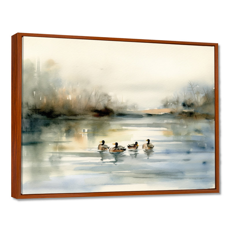 «Ducks in Pond II», art mural sur toile, H 12 po x l 20 po x P 1 po, Cadre flottant brun
