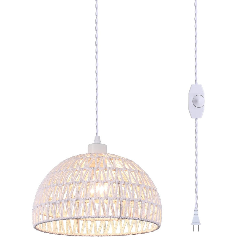 Derica 1 - Light 11.81in. Plug-In Woven Rattan Dome Pendant with Rope Accents Boho Style, 14.76 feet Cord, White
