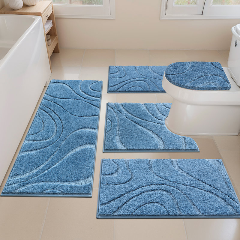 Ensemble de tapis de bain en microfibre 5 pièces avec envers antidérapant, Bleu