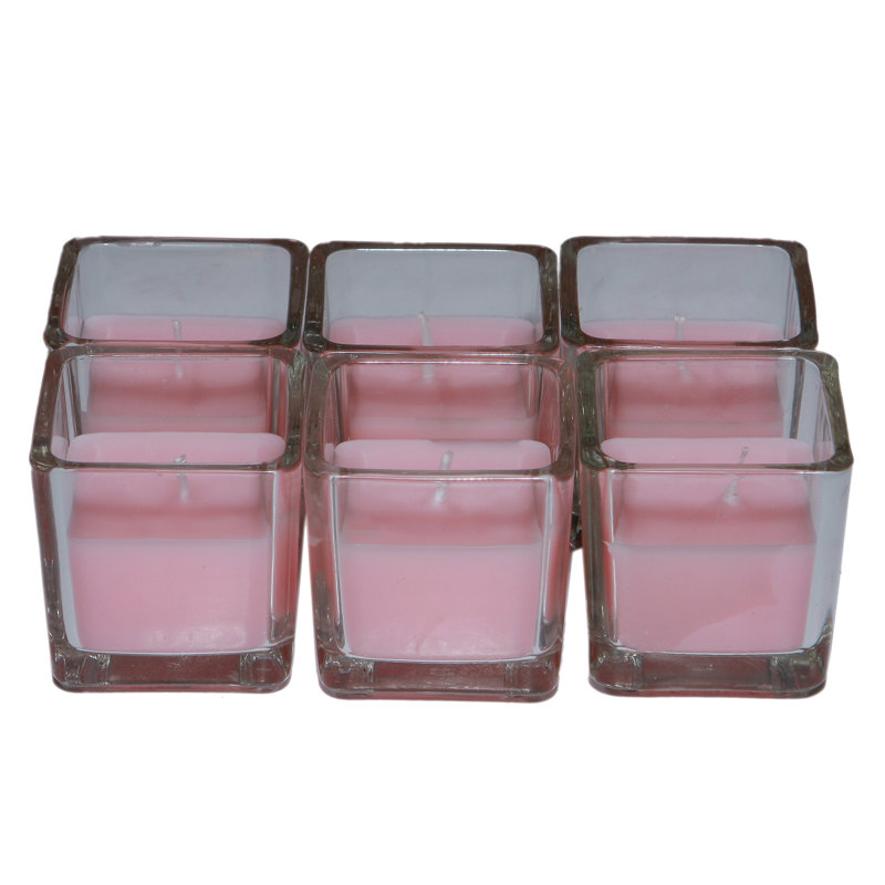 Bougie votive carrée en verre sans parfum, Rose clair, Ensemble de 12