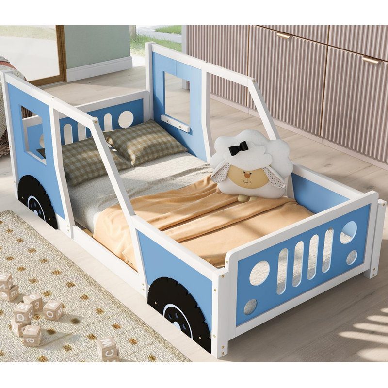 Lit plateforme simple en forme de voiture, Lit simple, Bleu / blanc