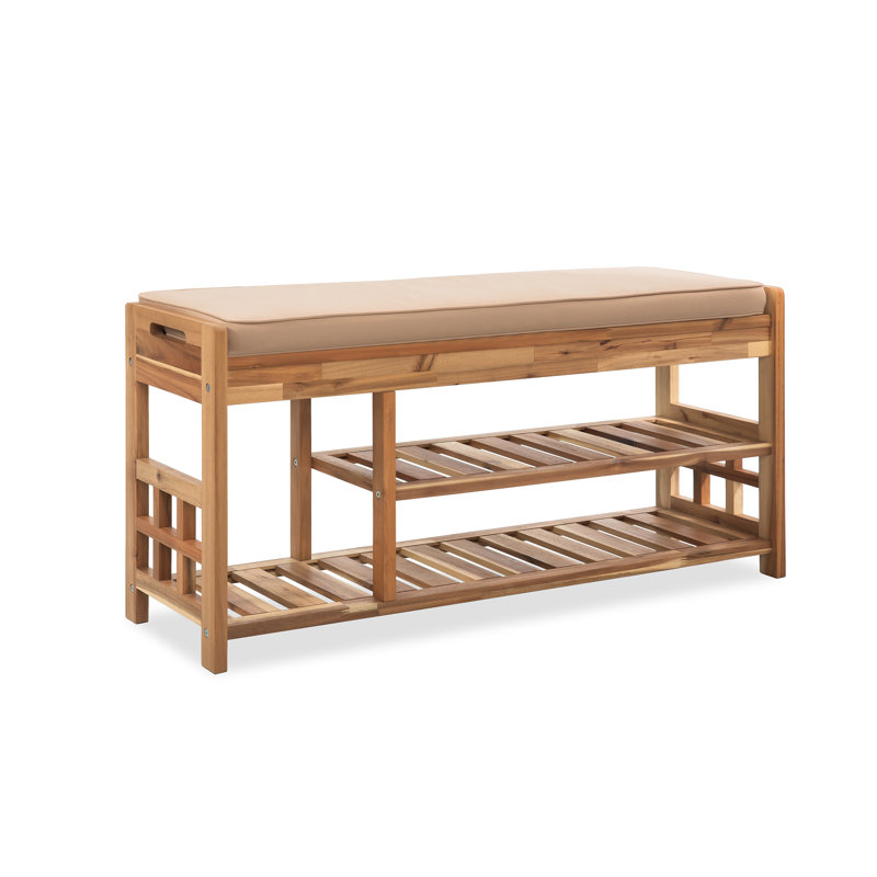 Solid Wood Shoe Storage Bench with Cushion, Light Natural
