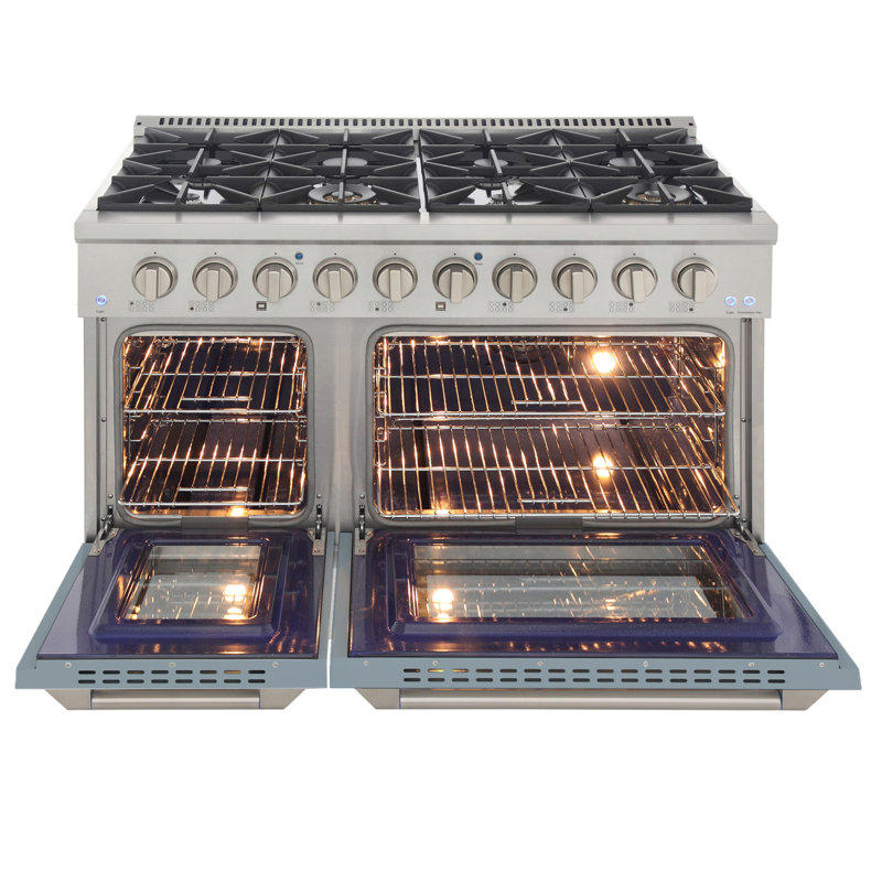 KUCHT Professional 48 in. 6.7 cu. ft. Propane Gas Range with Sealed Burners, Griddle/Grill and Two Ovens - One Convection - in Stainless Steel with Light Blue Oven Door