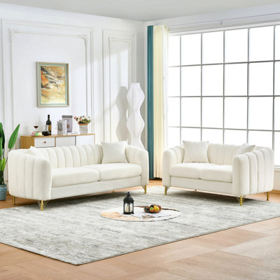 Oversized Chenille Sofa,Luxury 3 Seater + 2 Seater Deep Couch,Modern Tufted Couch, Gold Metal Legs Sofa For Living Room, Bedroom, Apartment