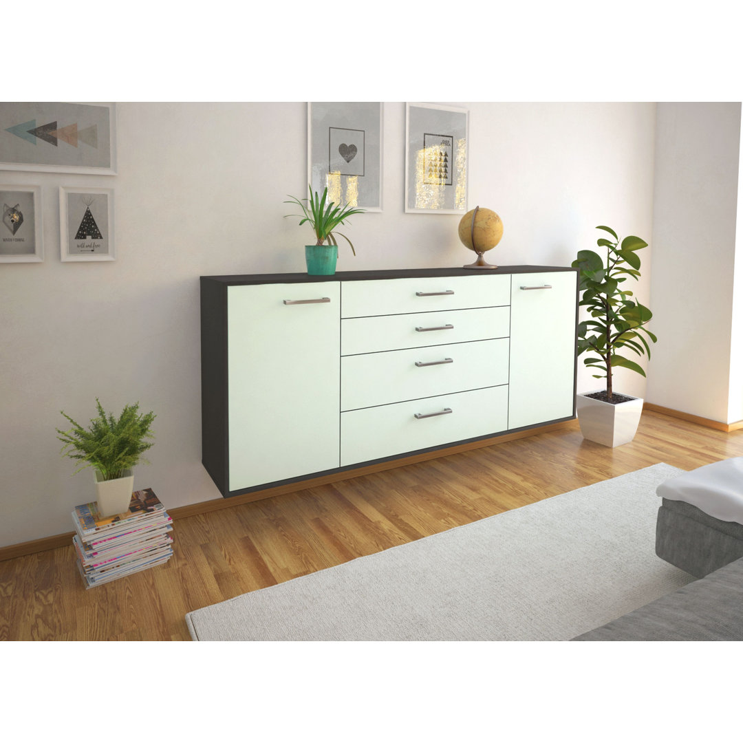 Sideboard Bridgeport, Farbe: Treibholz/Weiß, Fliegend/Metallgriffe, Größe: 180x79x35cm