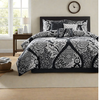 Elegant Cotton Bedding Sets, Black Damask King Comforter For Home
