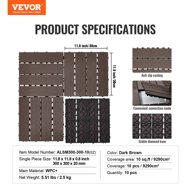 30cm L x 30cm W Plastic Interlocking Deck Tile, Brown
