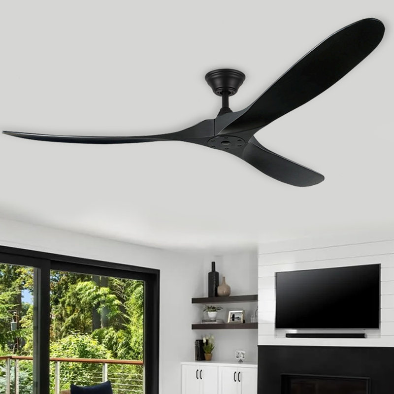Grand ventilateur de plafond en bois massif à 3 pales avec télécommande, 70", Noir avec pales noires