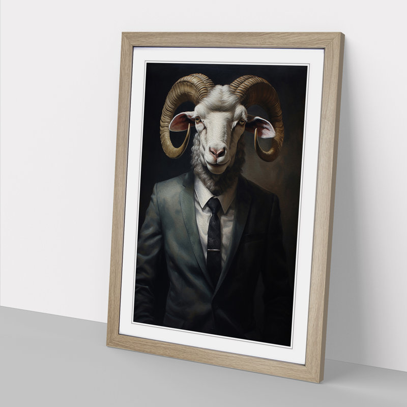 Ram Sheep In A Suit No.2 - Single Picture Frame Print on Wood, 46cm H x 34cm W x 2cm D, Oak