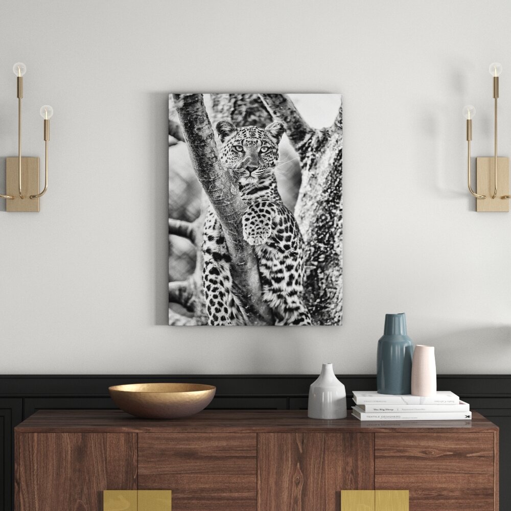 Leinwandbild Majestätischer Leopard auf Baum in Monochrom