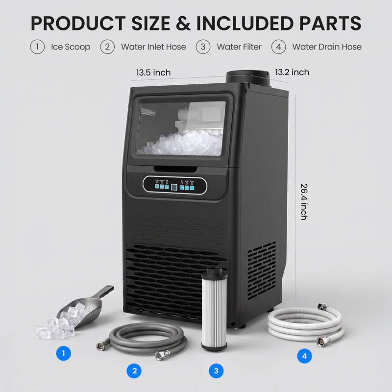 13,5 po. Machine à glaçons commerciale autoportante noire avec 100 lb Production quotidienne de glace, 18 lb Bac à glaçons, cube de glaçons pleine grandeur et panneau de commande ACL