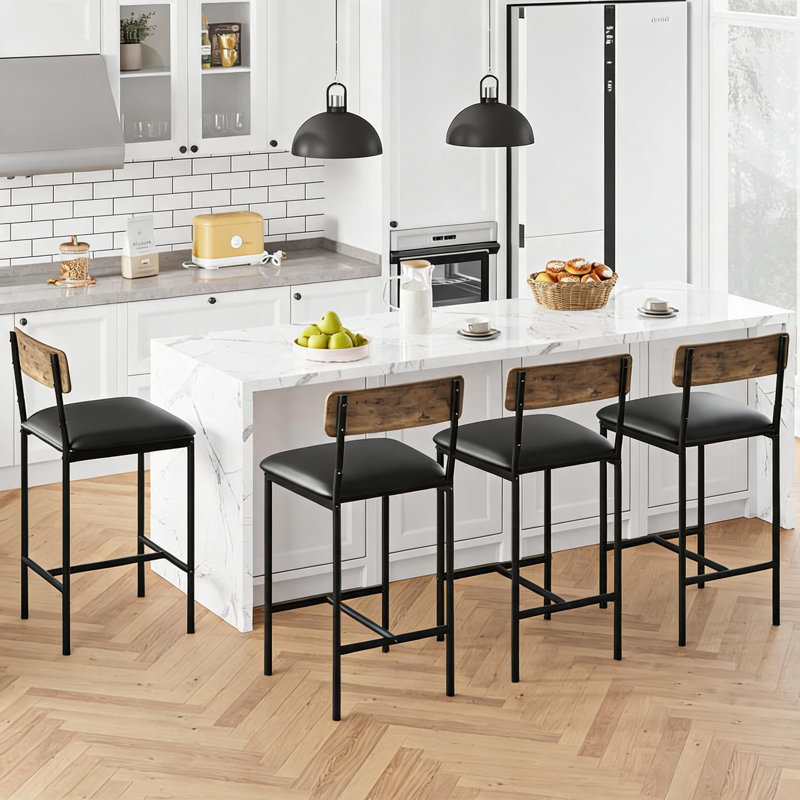 Ensemble de 4 tabourets de bar, 4 tabourets de 25,5 pouces avec coussin épais et dossier en bois pour la salle à manger, la cuisine, le comptoir et le bar