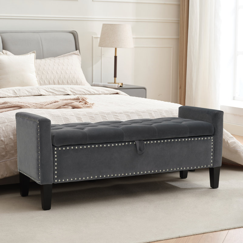 Jeani 45" Wide Velvet Tufted Rectangle Storage Ottoman, Dark Grey
