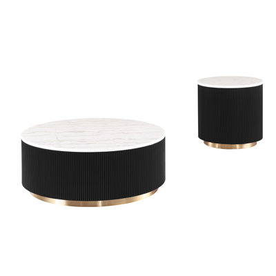 Modern 2‑Piece Round Coffee Table Set, Genuine Marble Top, Vertical Reeded Fluted Engineered Wood Base, Warm‑Gold Stainless‑Steel Plinth, Round Cockta