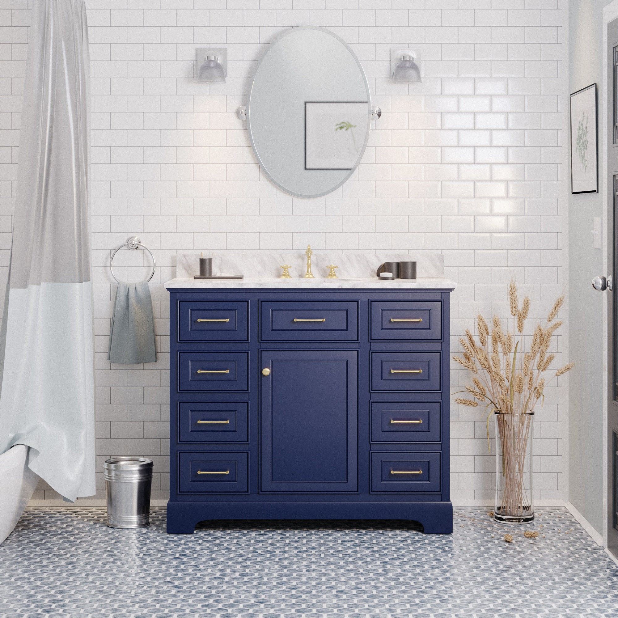 Ronnie 42'' Single Bathroom Vanity, Royal Blue, Carrara Marble
