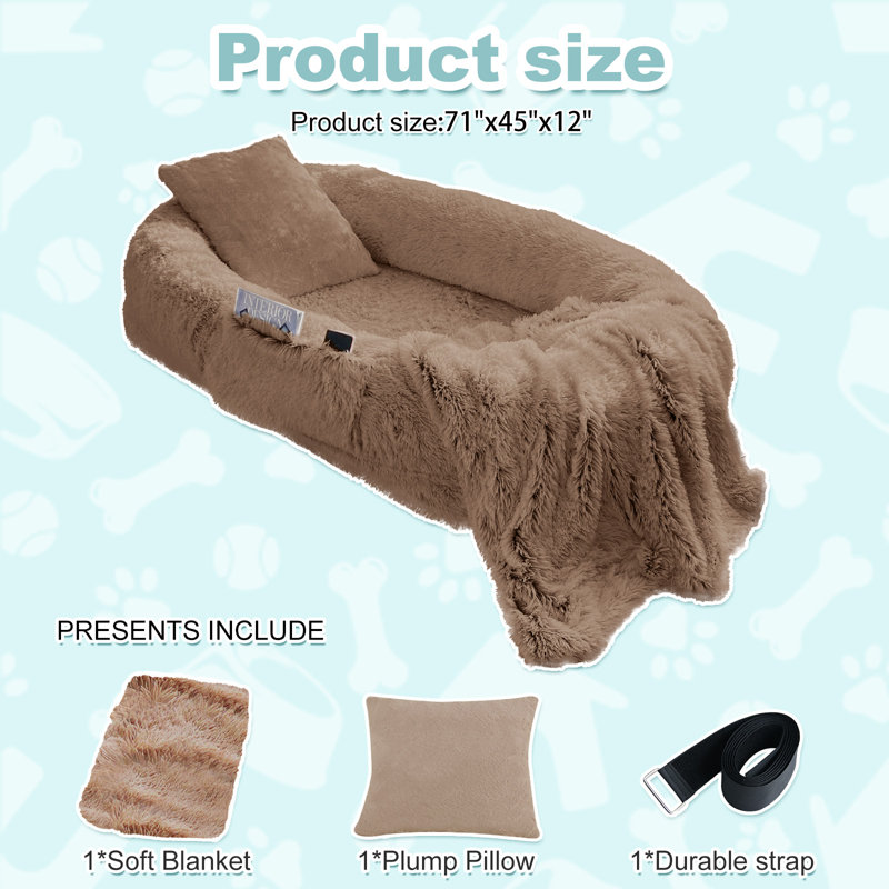 Lit pour chien Humain 71 po x 45 po x 12 po qui convient à vous et à vos animaux de compagnie, fausse fourrure lavable, orthopédique, coussin moelleux, couverture, sangle kaki