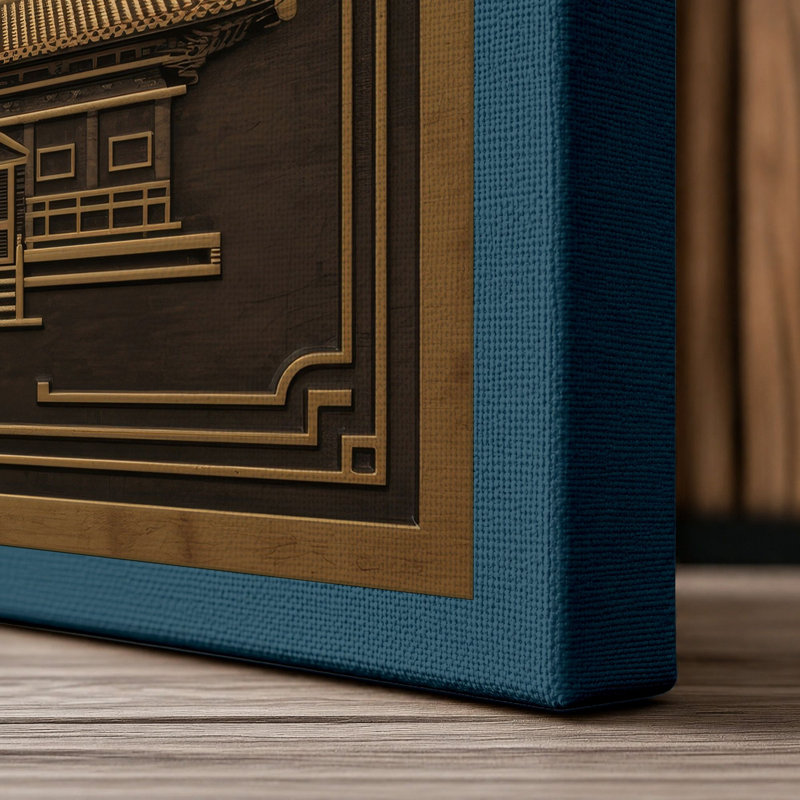 Golden Pagoda Japandi - Wrapped Canvas, 18x12 - 45.7 x 30.5 cm, Teal Border