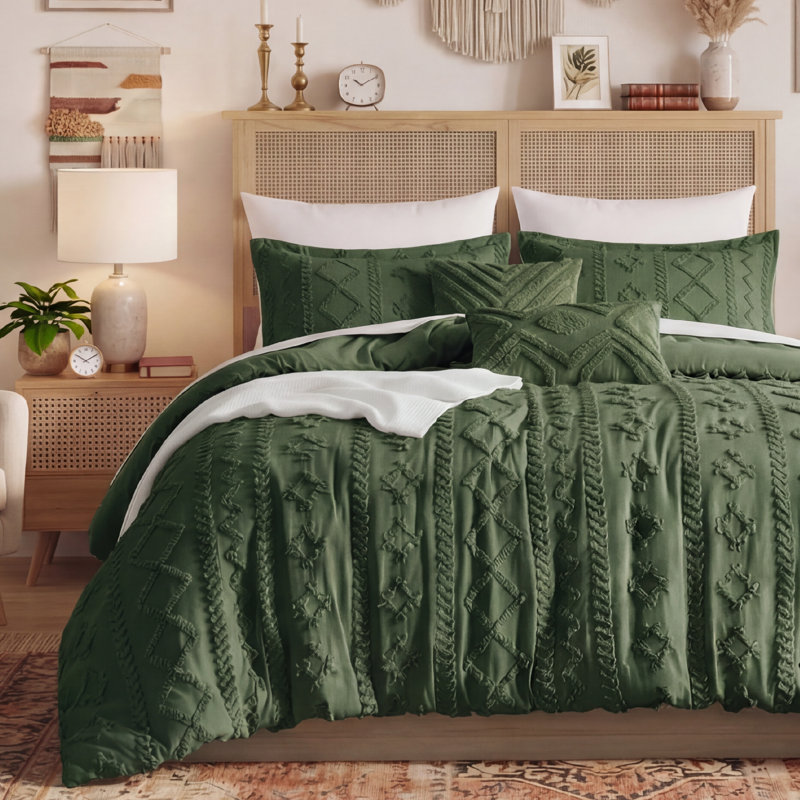 Bedsure King Tufted Boho Comforter Set - Olive Green Geometric Design, Farmhouse Embroidery, Soft 5-Piece Bedding Set, All Season