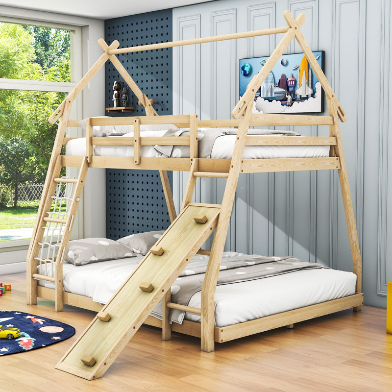 Crestside Kids Twin Over Queen Bunk Bed with Slide and Ladder, Natural